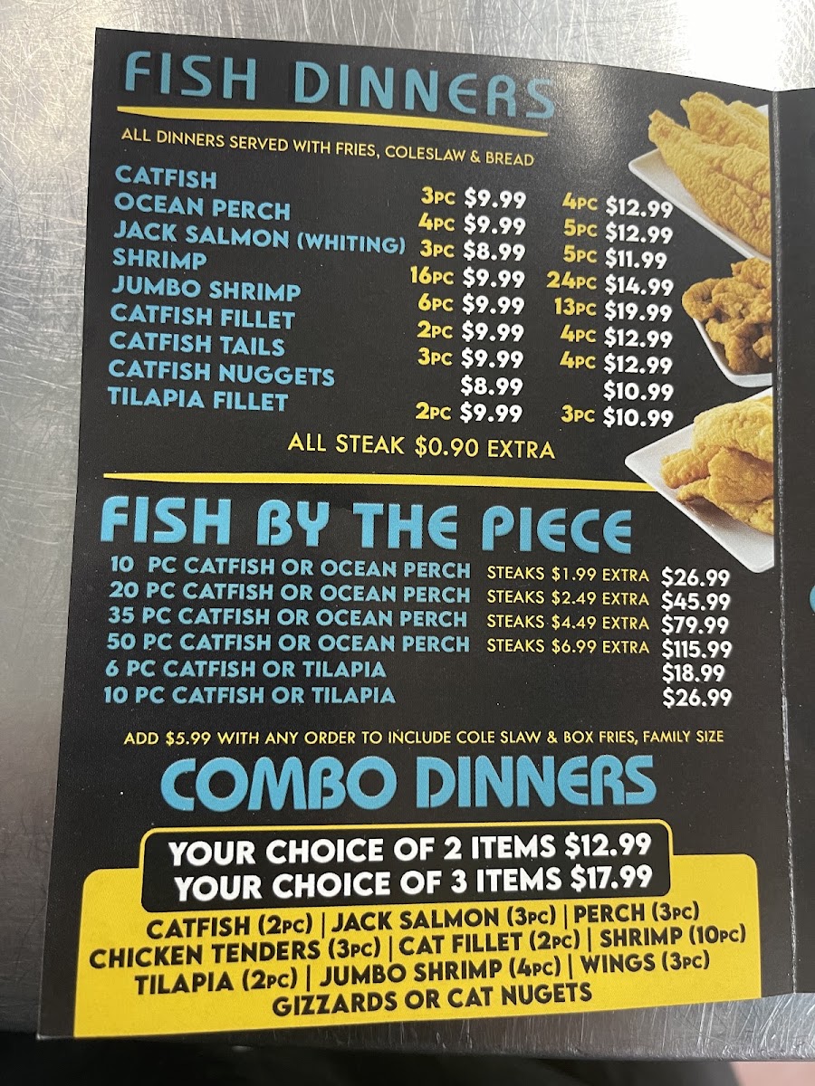 SHARKS FISH & CHIKEN menu board