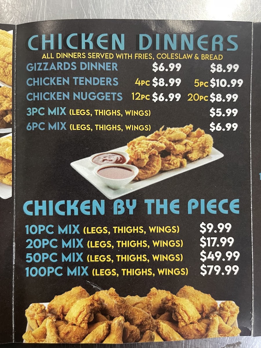 SHARKS FISH & CHIKEN menu board