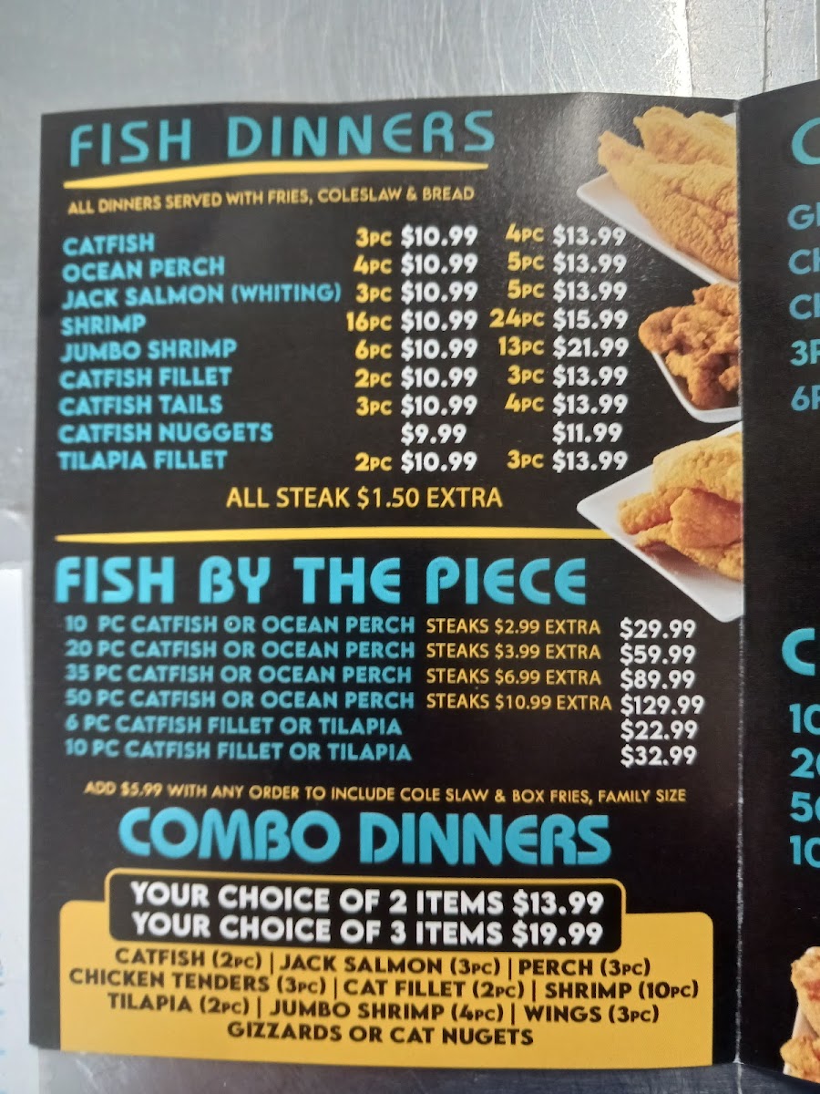 SHARKS FISH & CHIKEN menu board