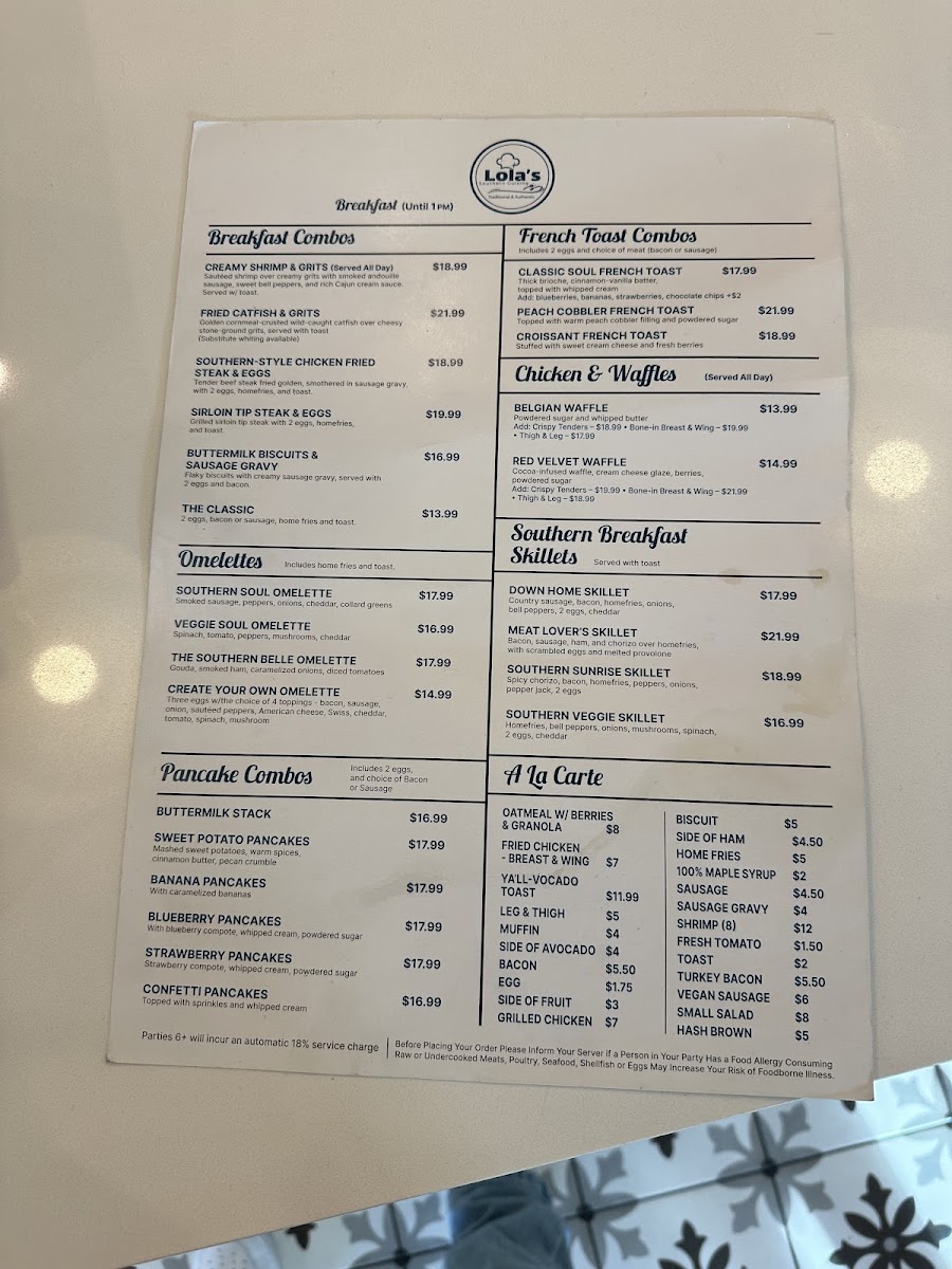 Lola's Southern Cuisine menu board