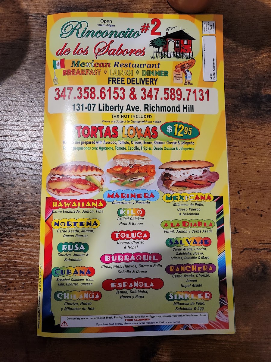 El Rinconcito De Los Sabores 2 menu board
