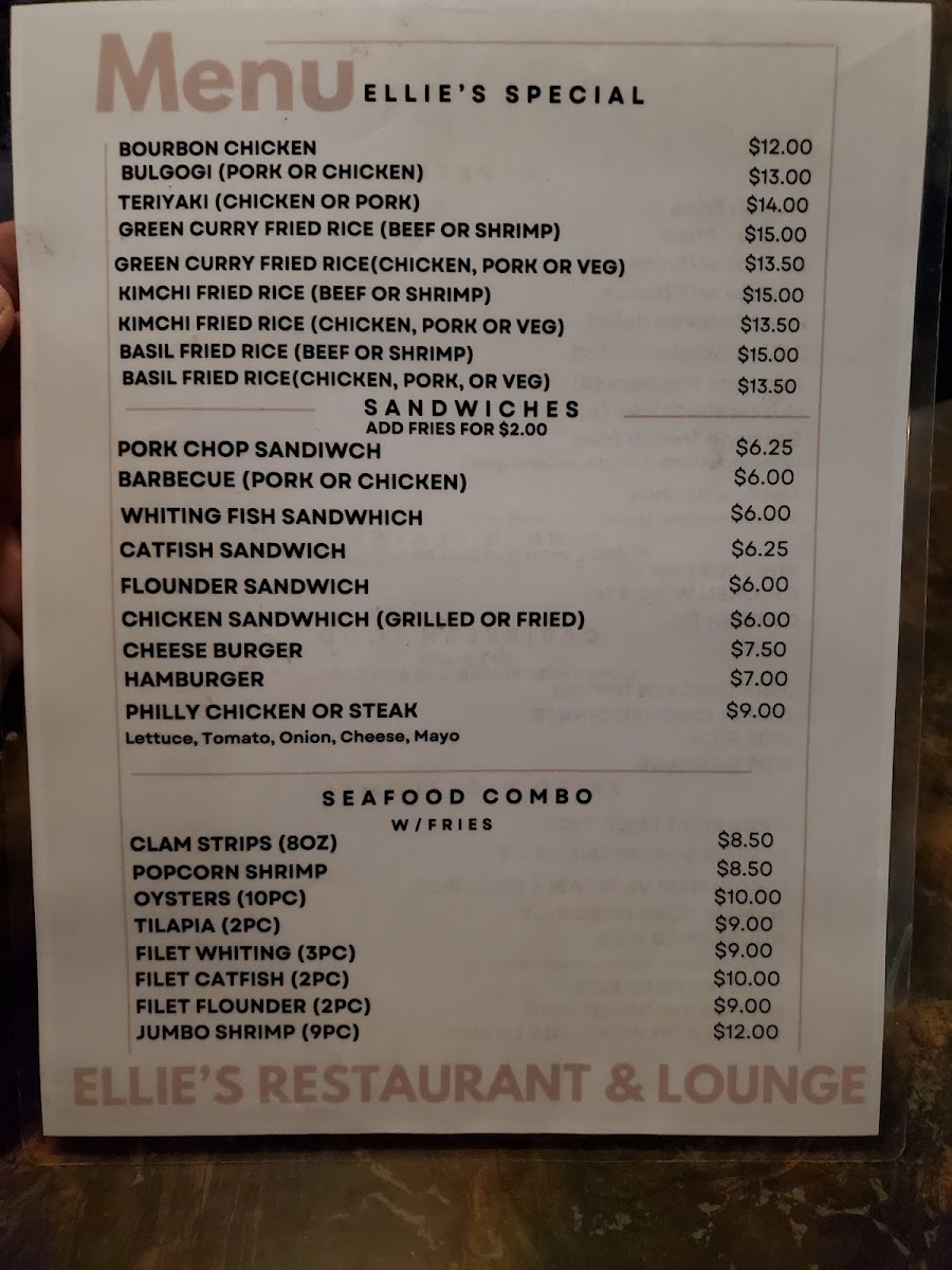 Ellie's Restaurant & Lounge menu board