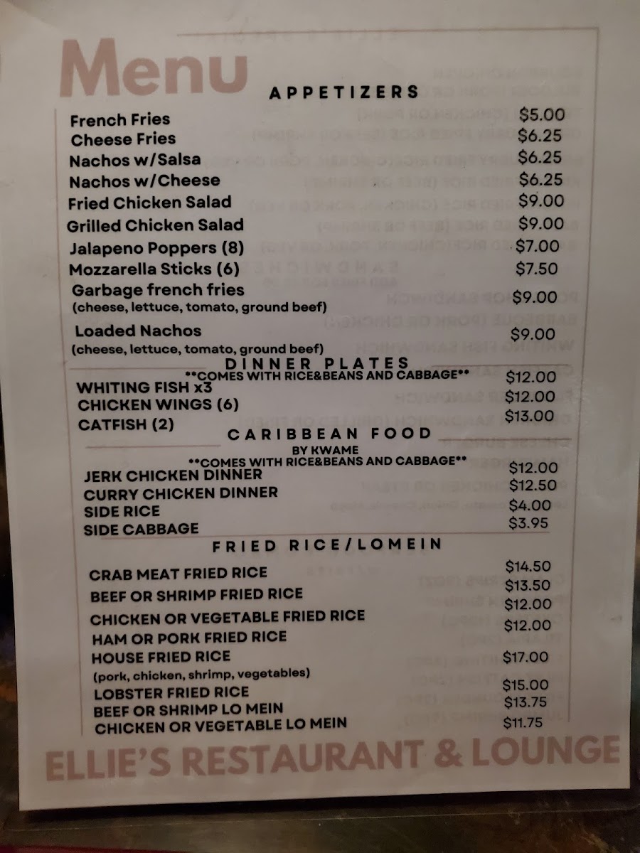Ellie's Restaurant & Lounge menu board