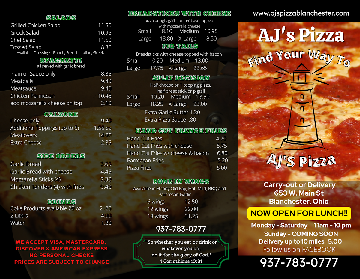 AJ's Pizza Blanchester menu board