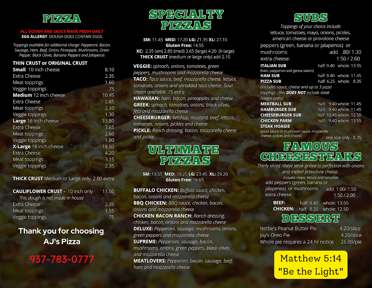 AJ's Pizza Blanchester menu board