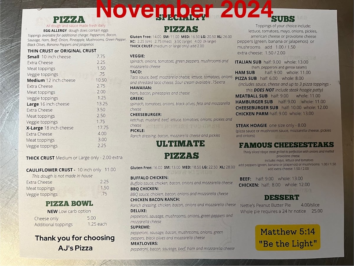 AJ's Pizza Blanchester menu board