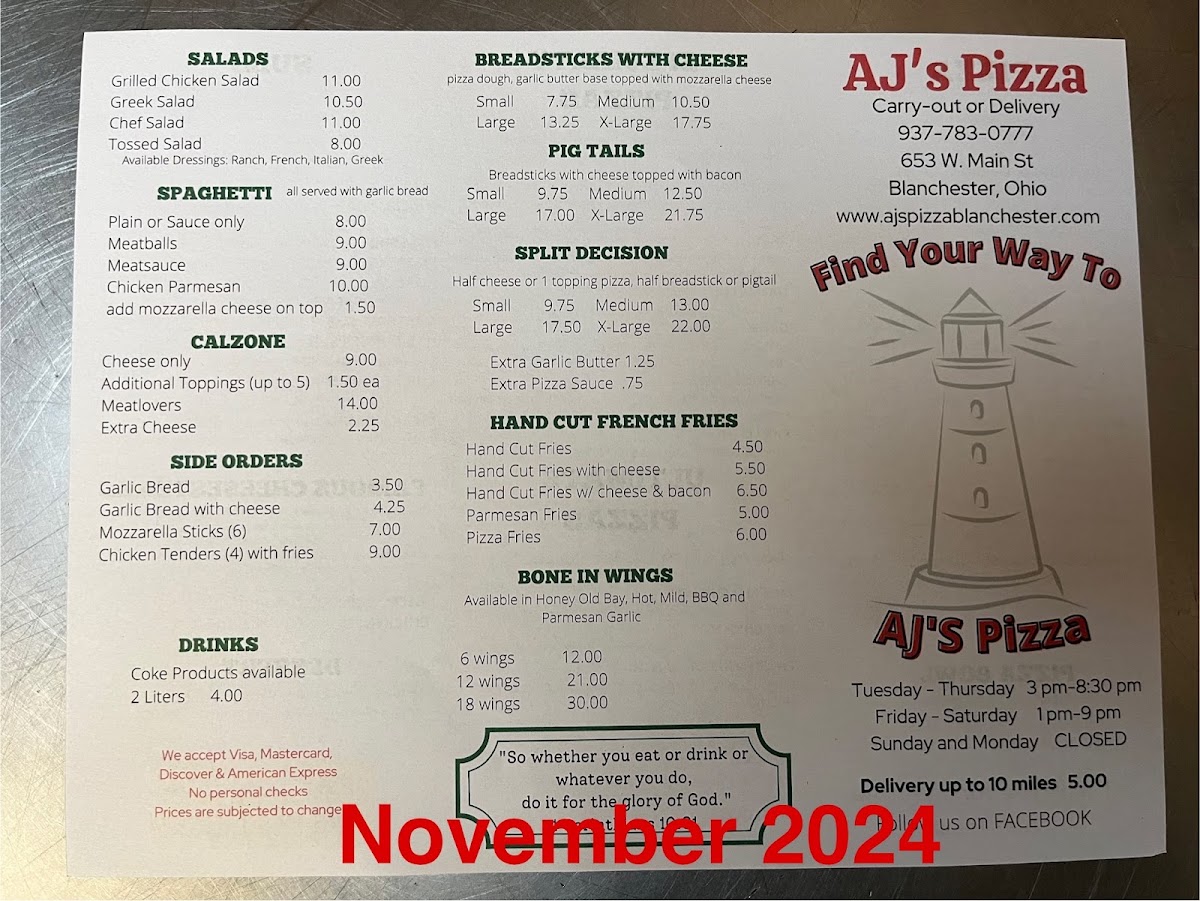 AJ's Pizza Blanchester menu board