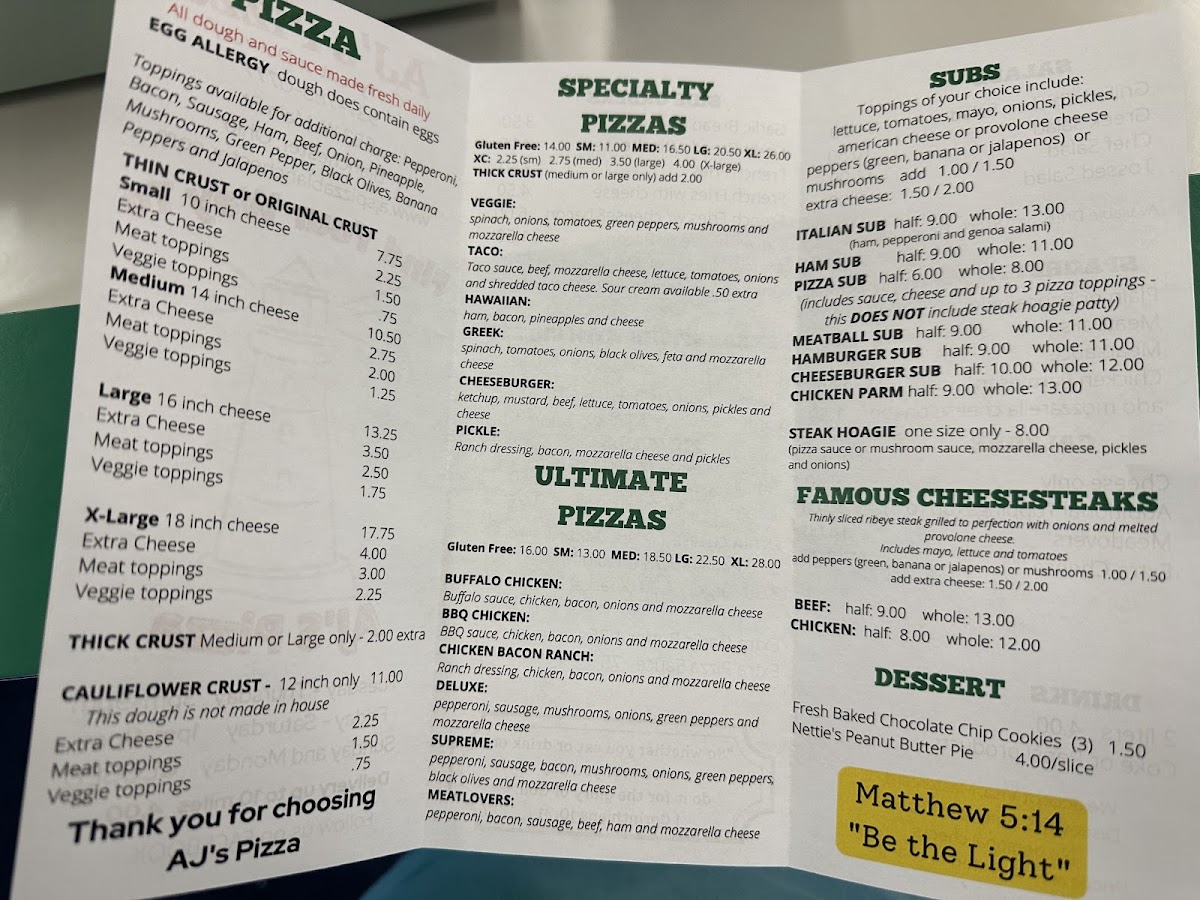 AJ's Pizza Blanchester menu board