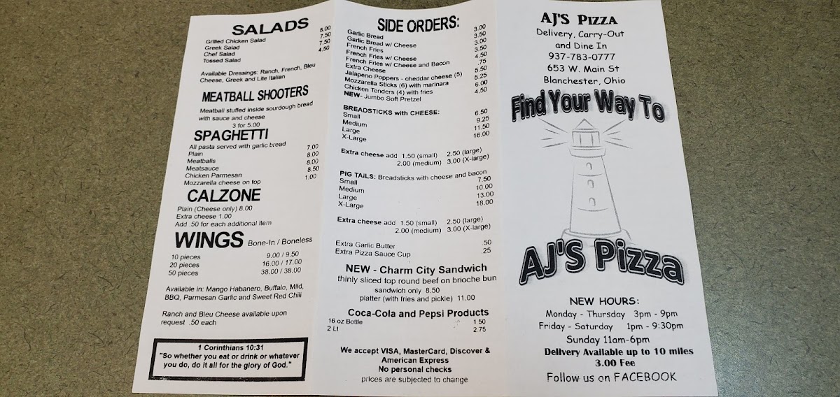 AJ's Pizza Blanchester menu board