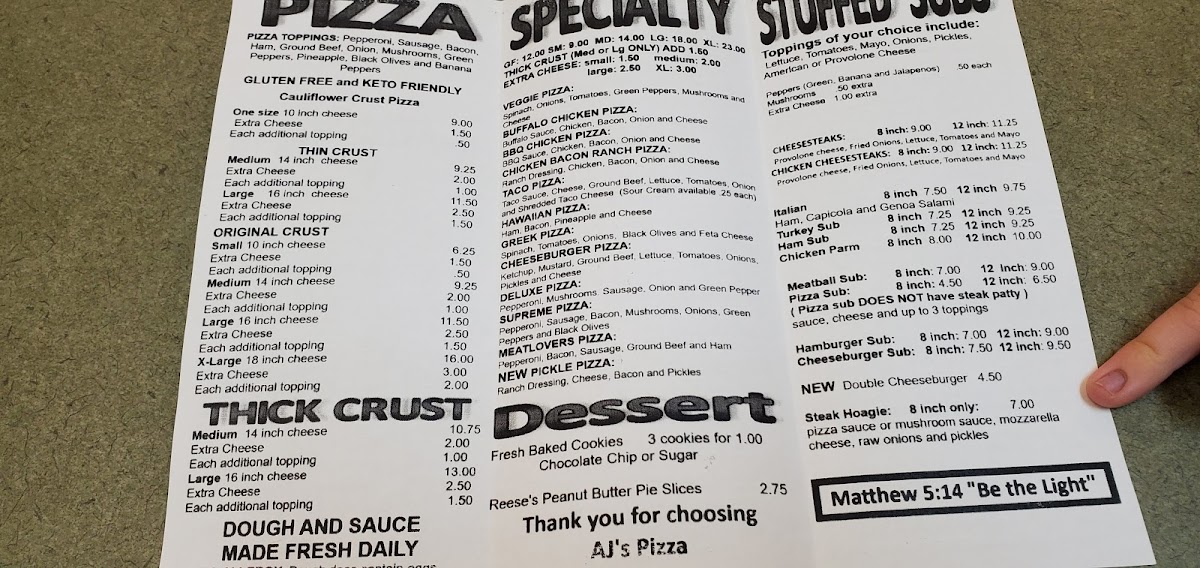 AJ's Pizza Blanchester menu board