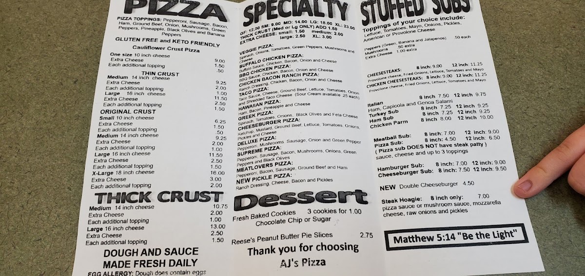AJ's Pizza Blanchester menu board