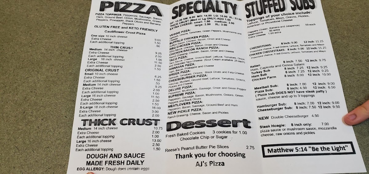 AJ's Pizza Blanchester menu board