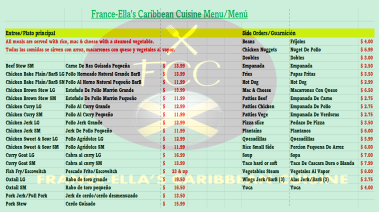 France-Ella's Caribbean Cuisine menu board