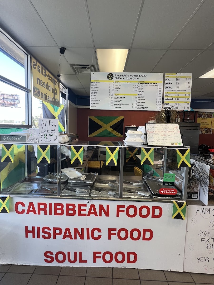 France-Ella's Caribbean Cuisine menu board