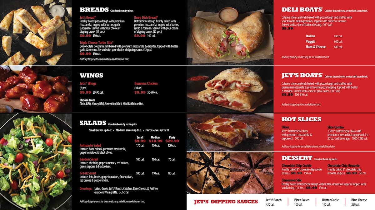 Jet's Pizza menu board
