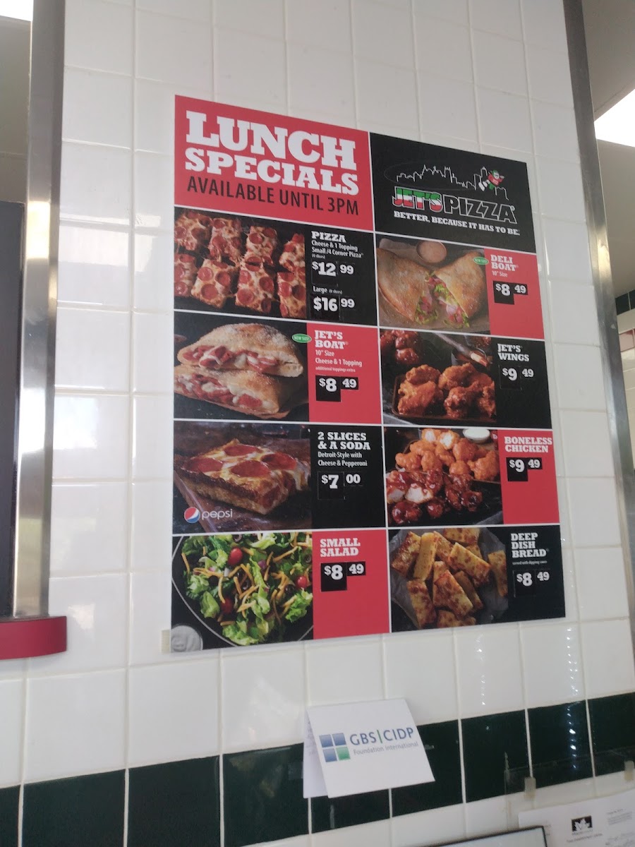Jet's Pizza menu board