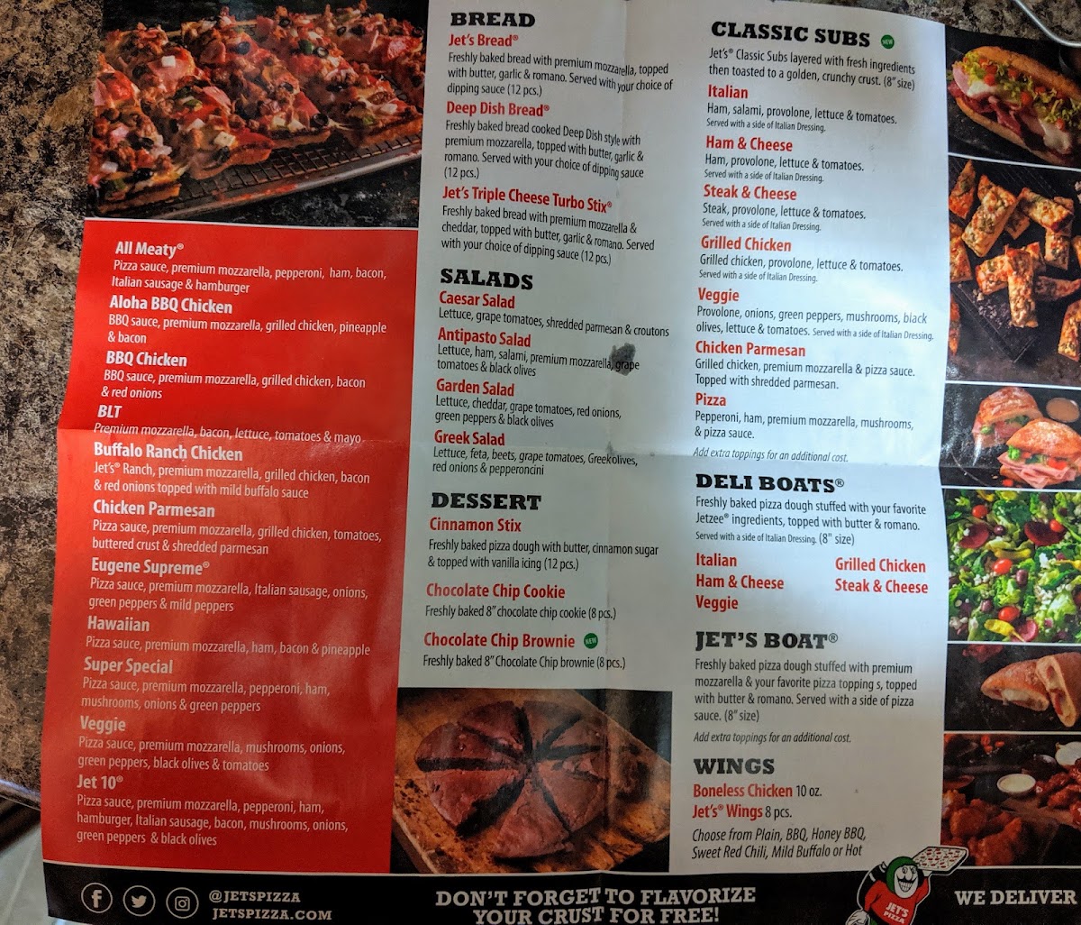 Jet's Pizza menu board