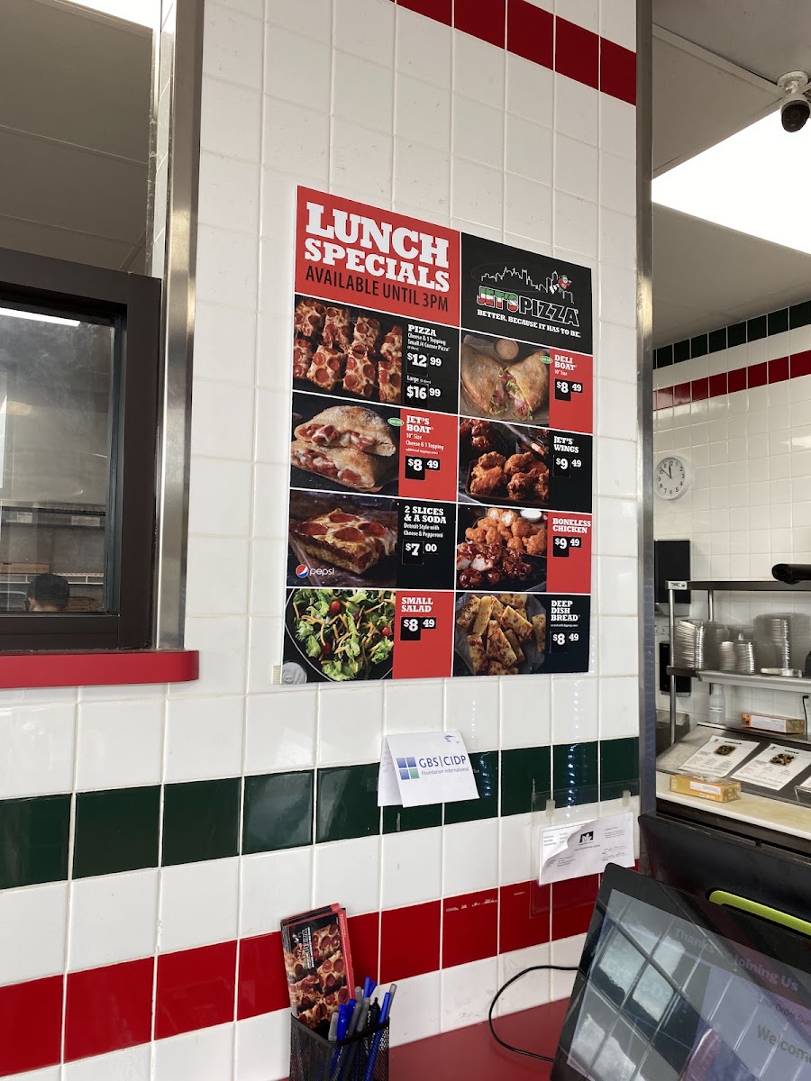 Jet's Pizza menu board