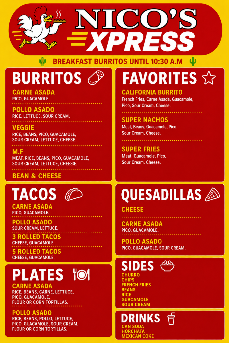 Nicos Mexican Food menu board