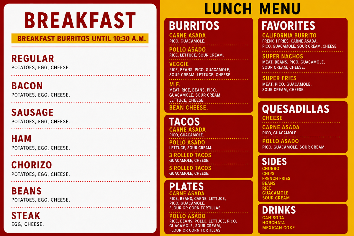 Nicos Mexican Food menu board