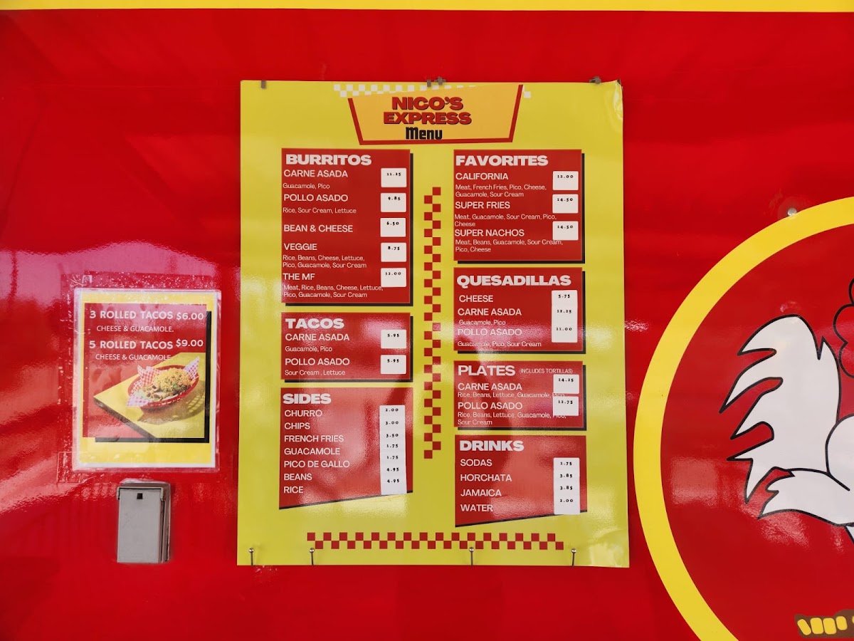 Nicos Mexican Food menu board