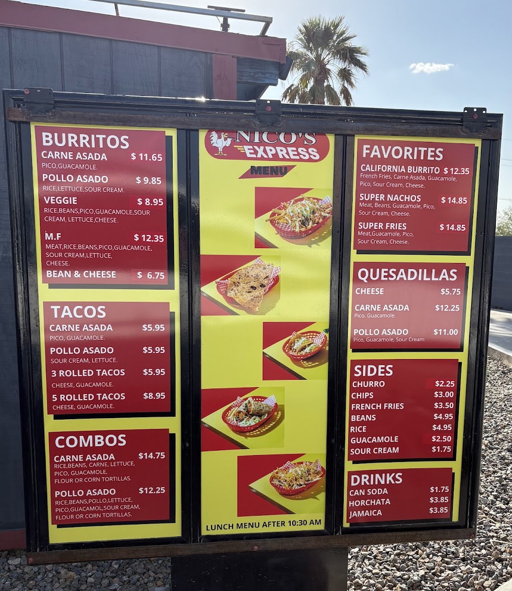 Nicos Mexican Food menu board