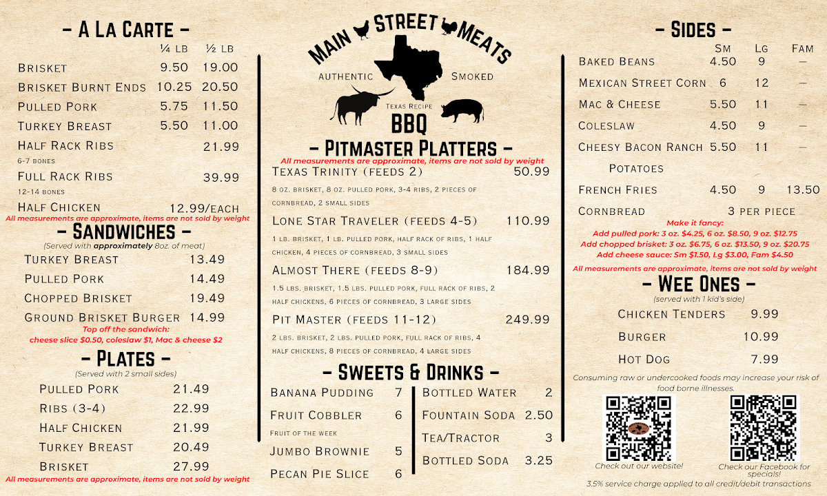 Main Street Meats menu board
