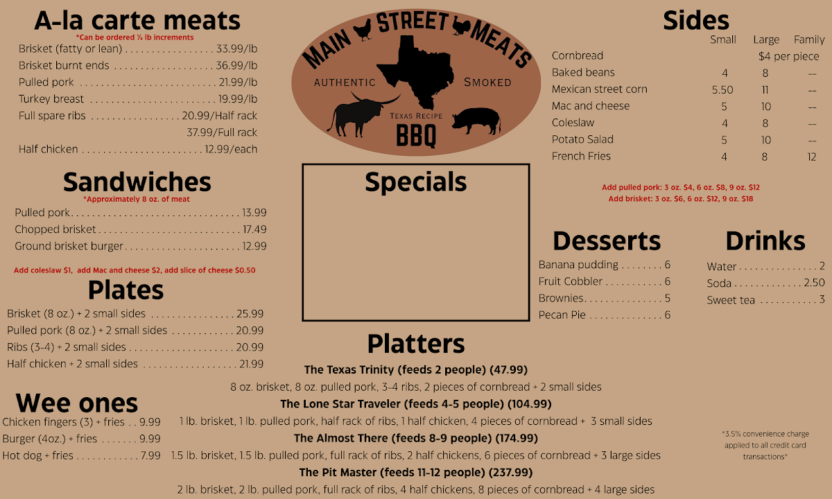 Main Street Meats menu board