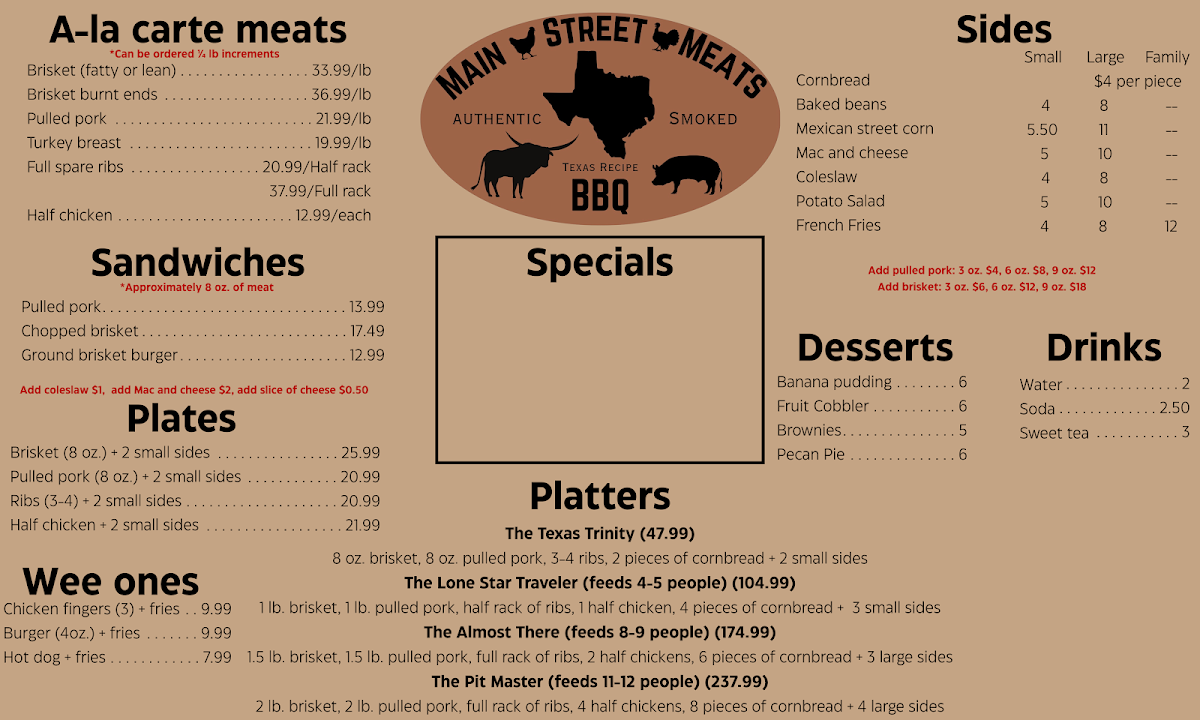 Main Street Meats menu board