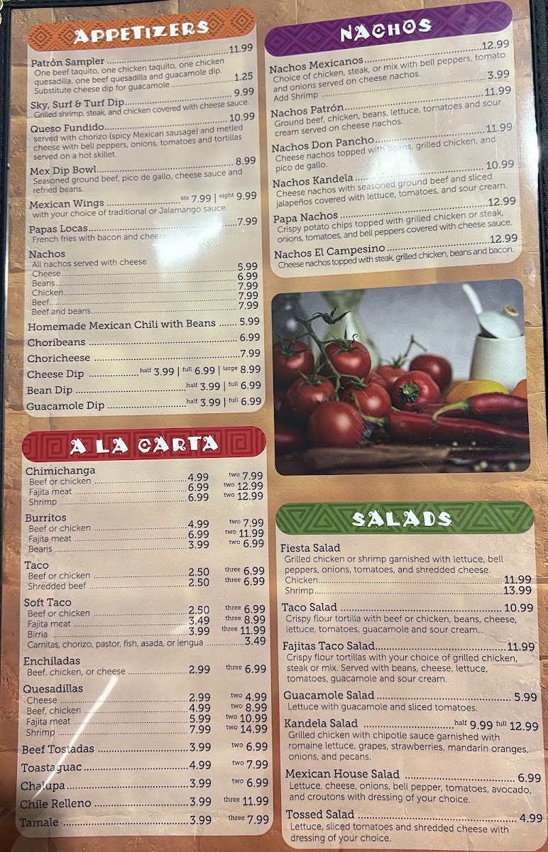 Patrón Grill menu board