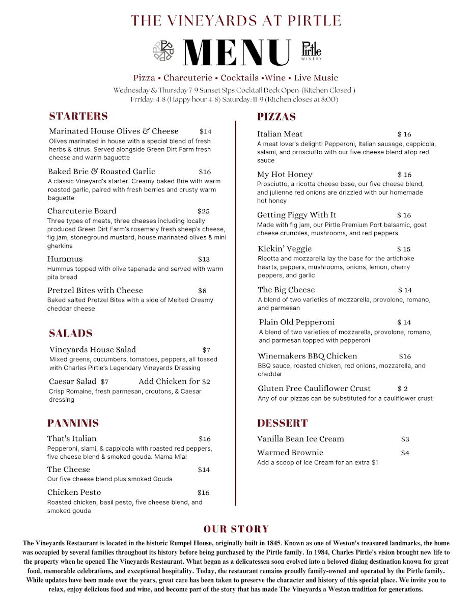 The Vineyards @ Pirtle Winery menu board