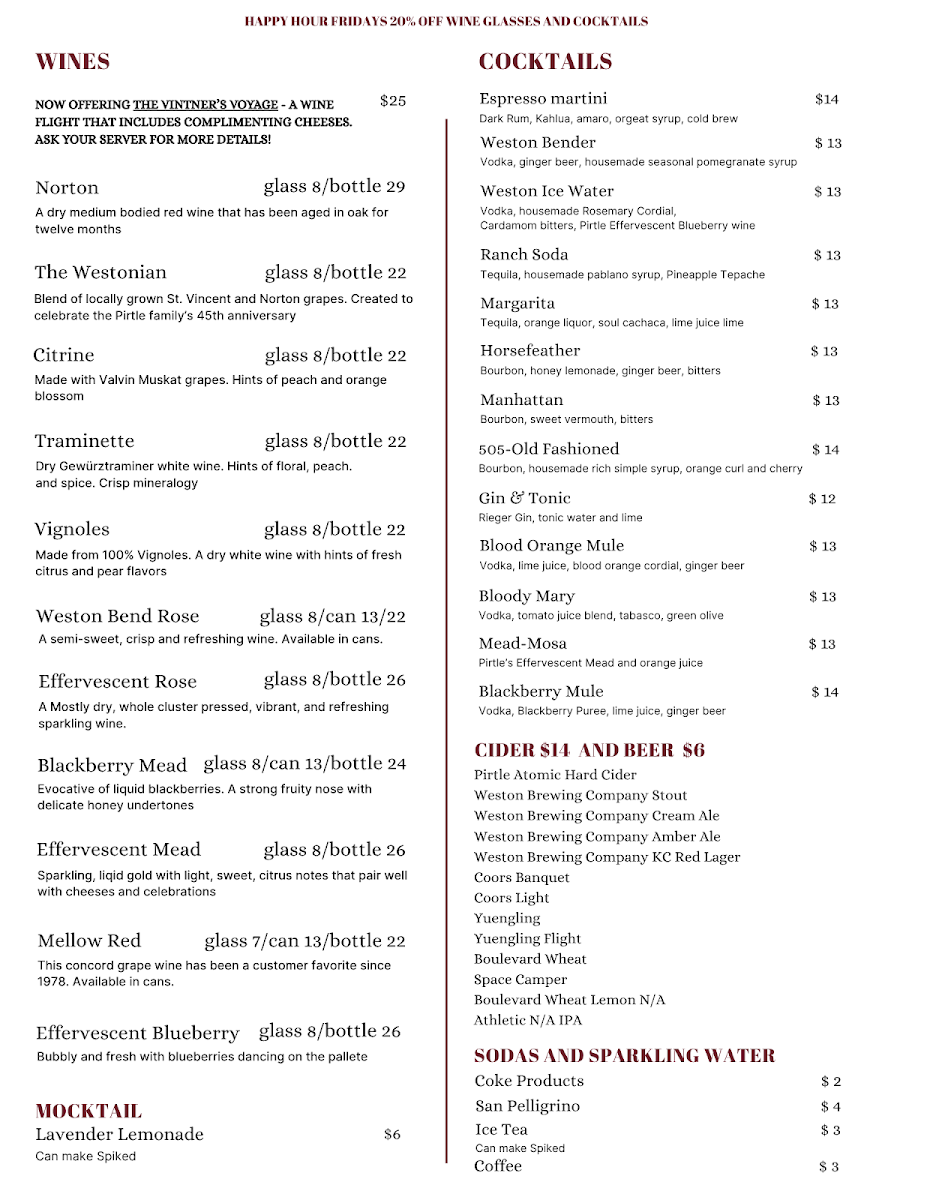 The Vineyards @ Pirtle Winery menu board