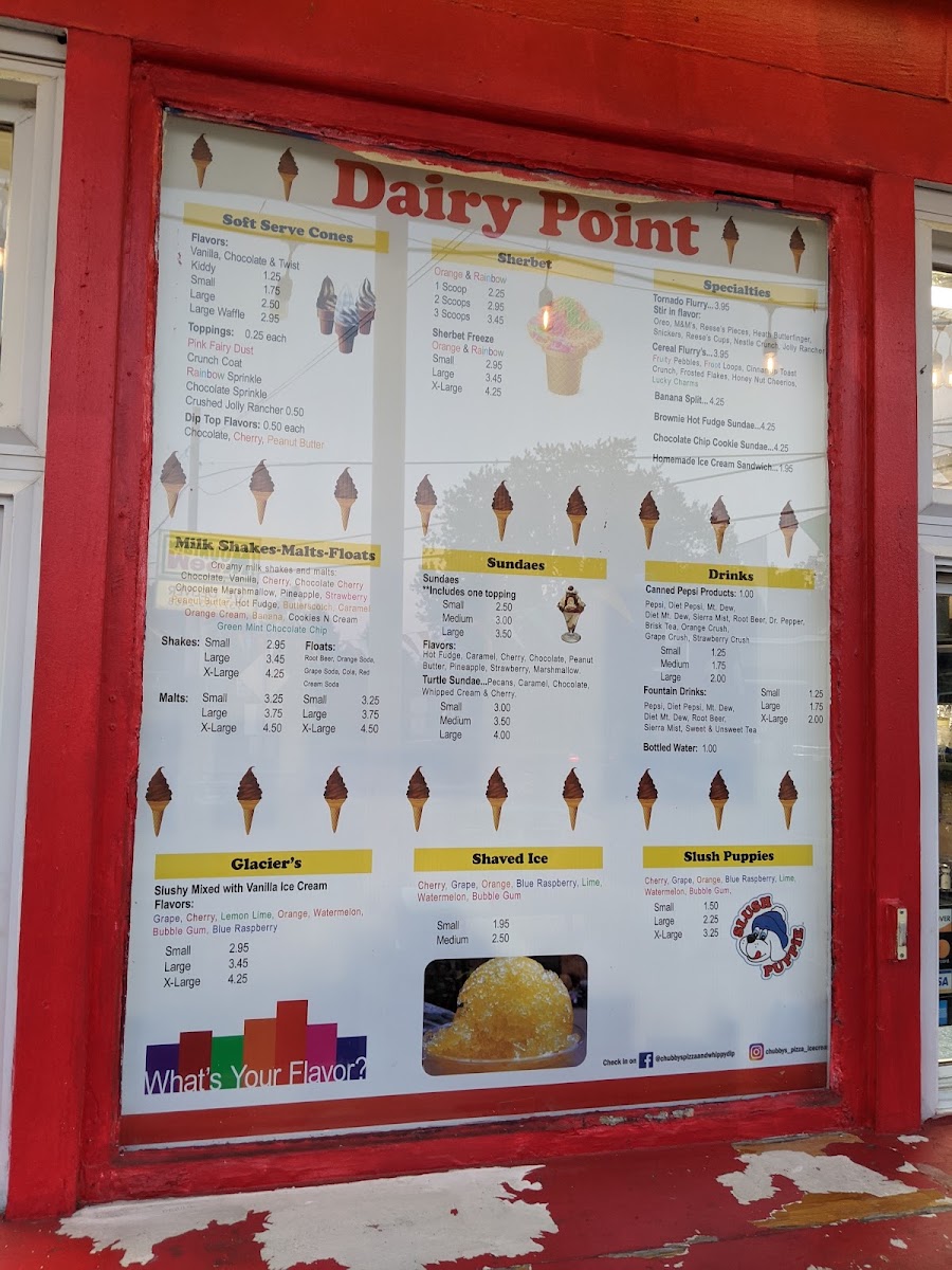 Chubby's Pizza And Dairy Point menu board