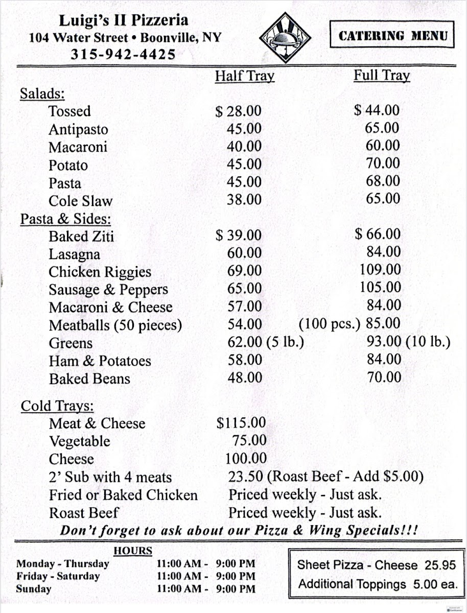 Luigi's Pizzeria menu board