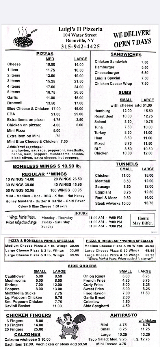 Luigi's Pizzeria menu board