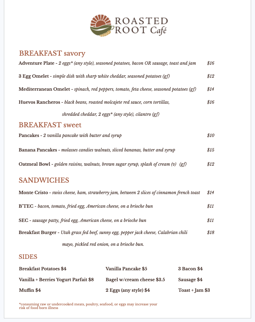 Roasted Root Café menu board
