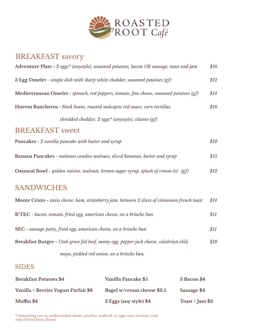 Roasted Root Café menu board