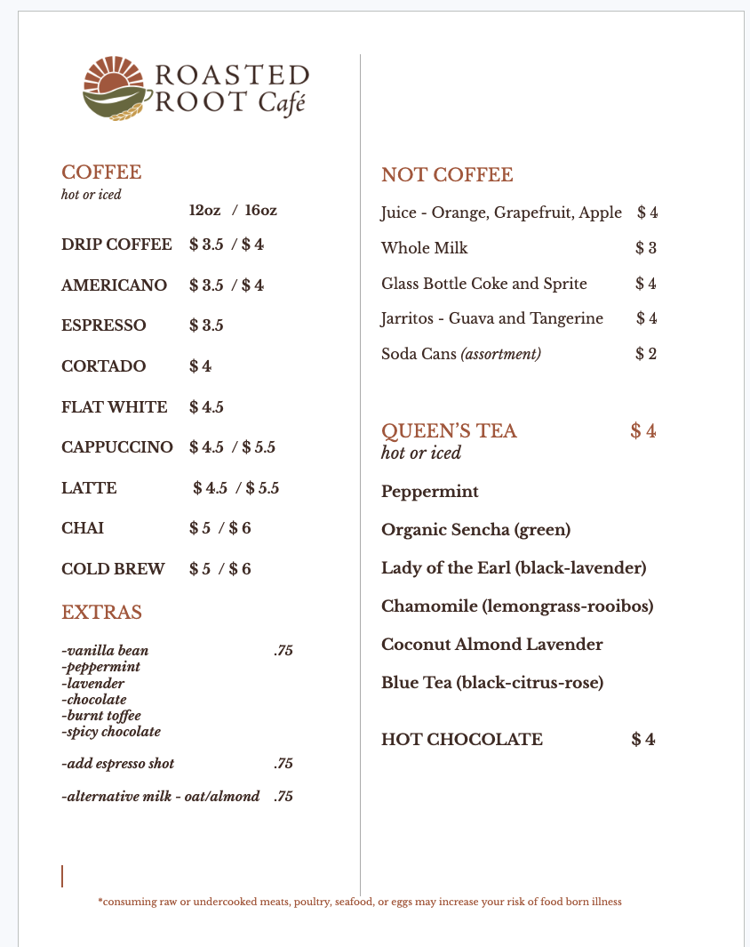 Roasted Root Café menu board
