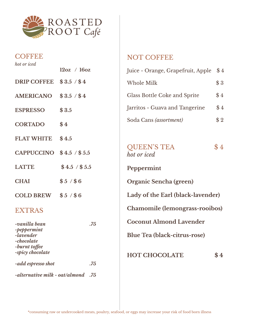 Roasted Root Café menu board