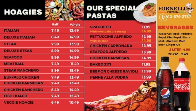 Fornello Pizzeria menu board