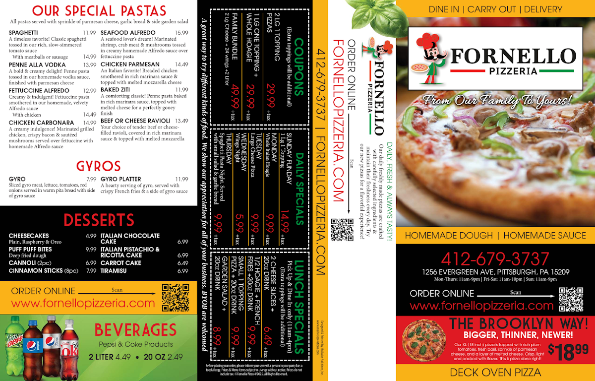 Fornello Pizzeria menu board