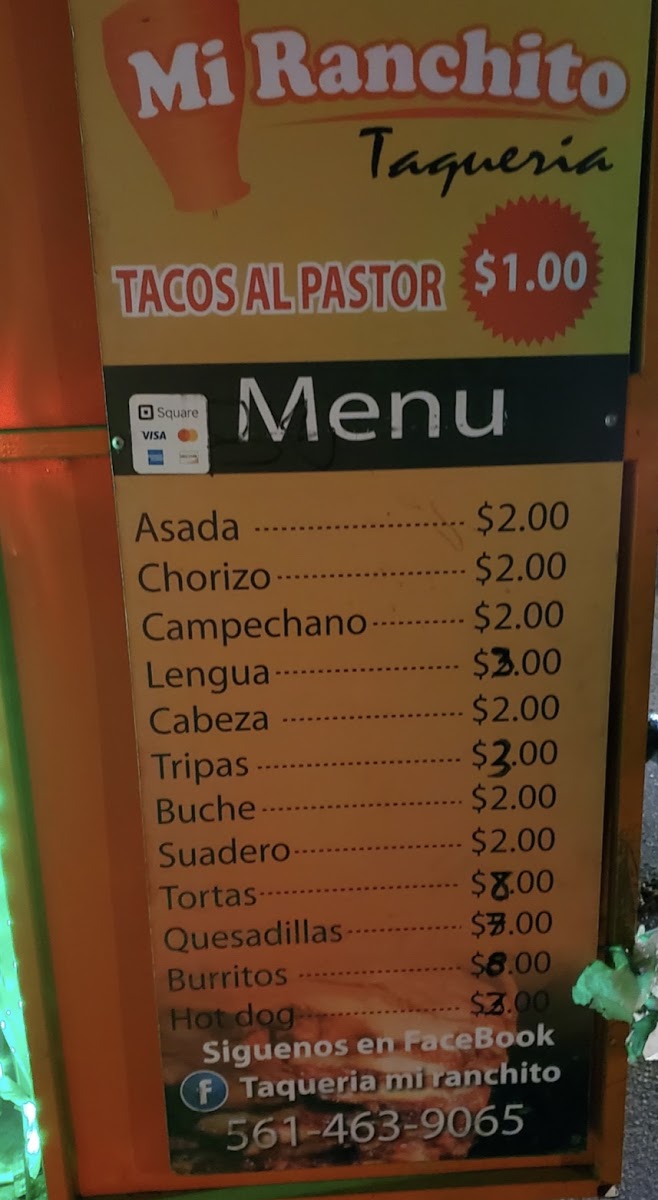 Mi Ranchito Taqueria menu board