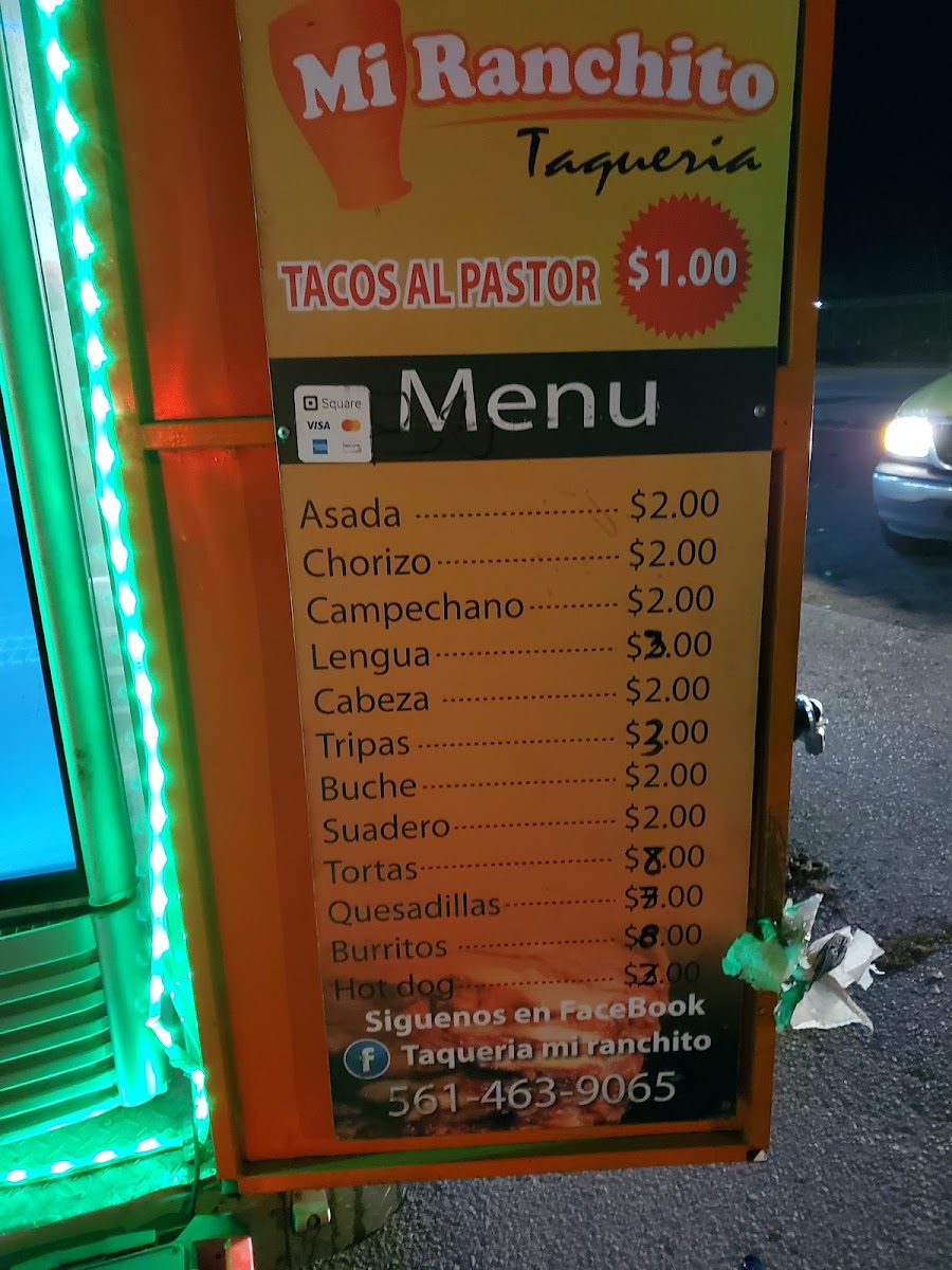 Mi Ranchito Taqueria menu board