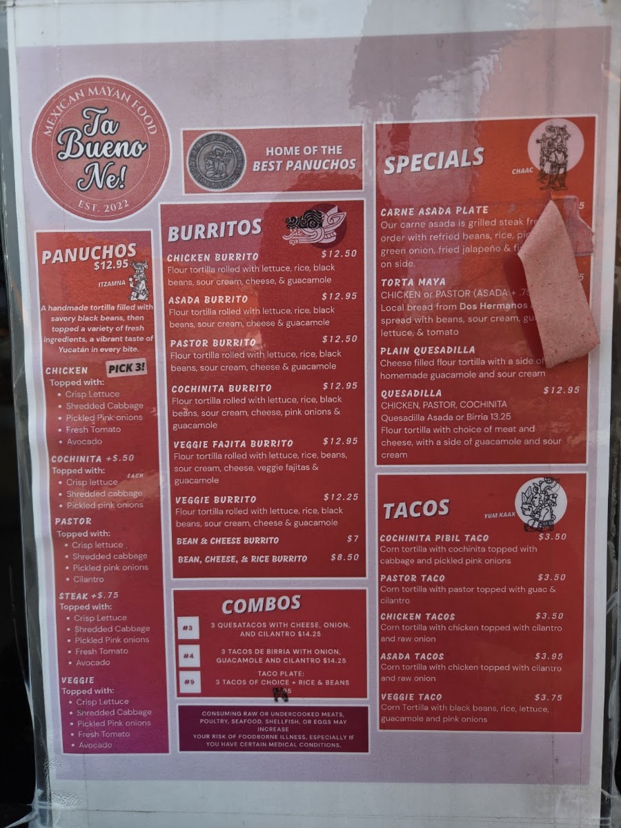 Ta Bueno Ne menu board