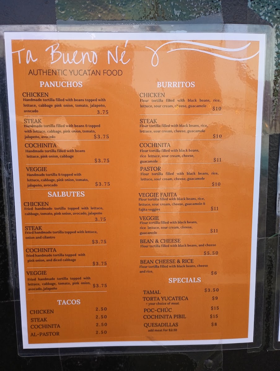 Ta Bueno Ne menu board