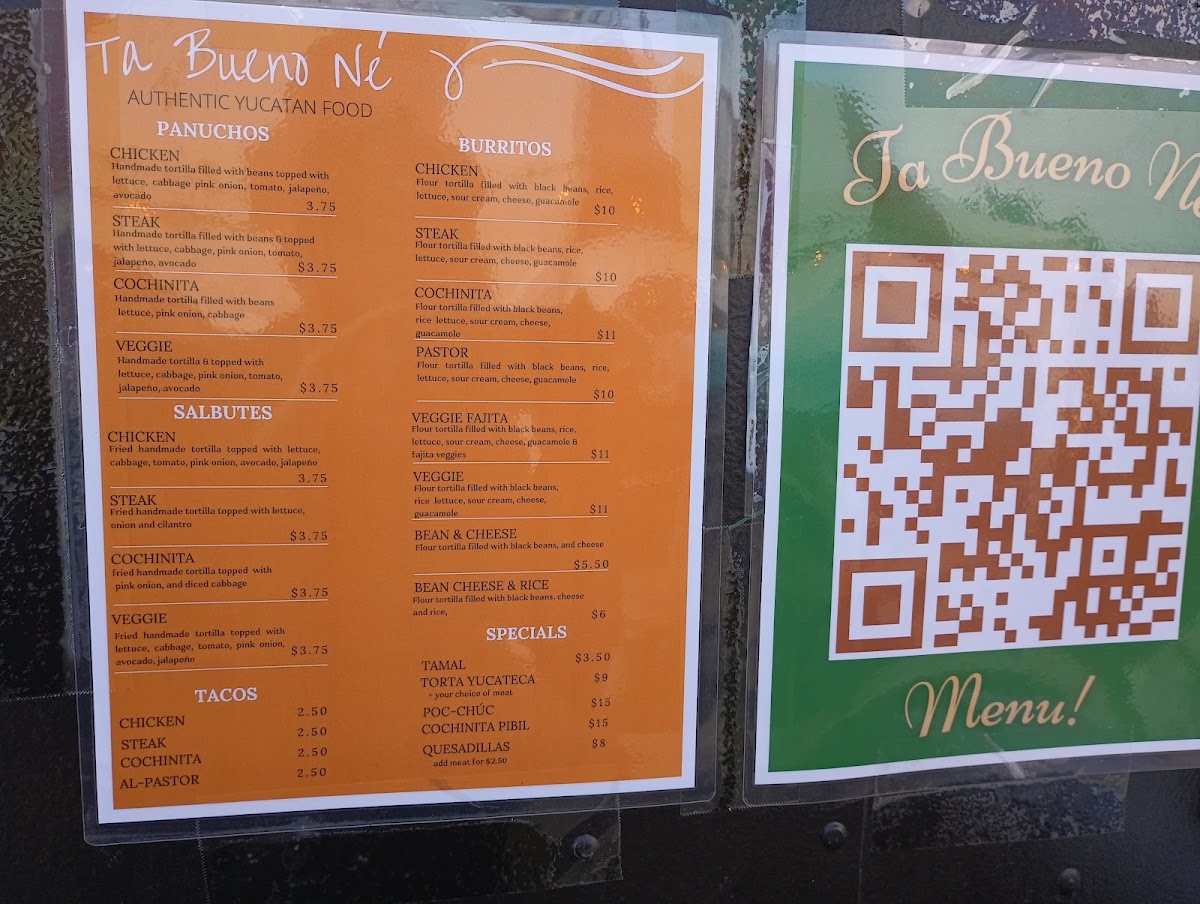 Ta Bueno Ne menu board