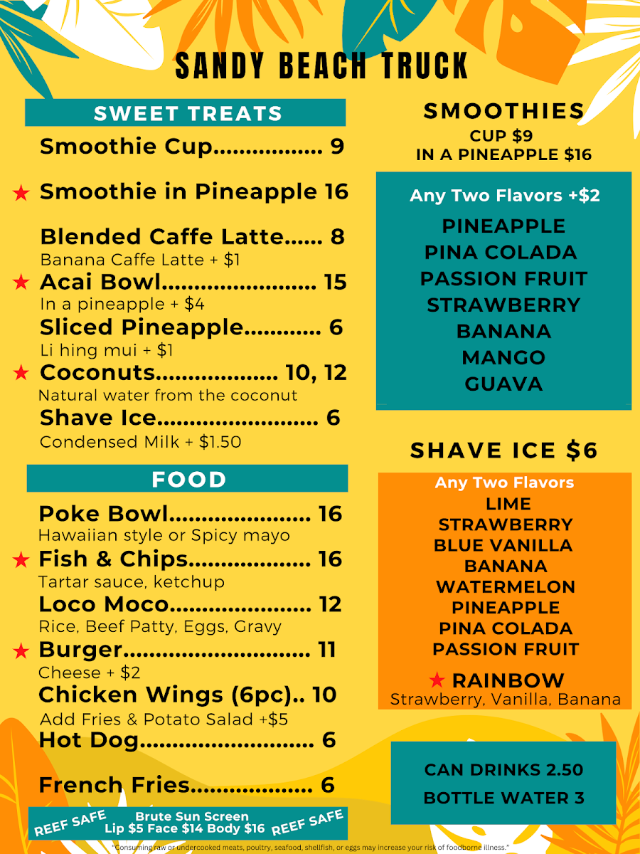 Sandy Beach Food Truck menu board
