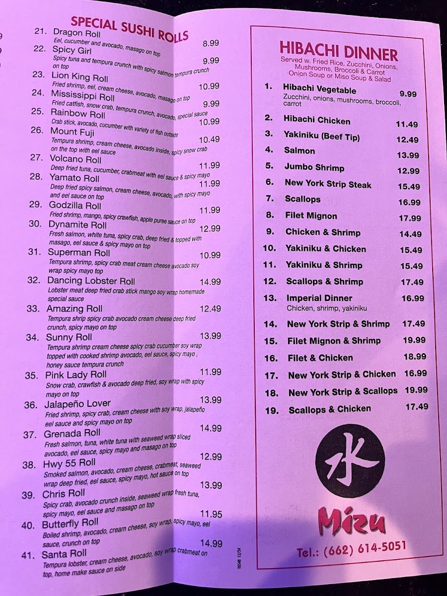 Mizu | Japanese Steakhouse menu board