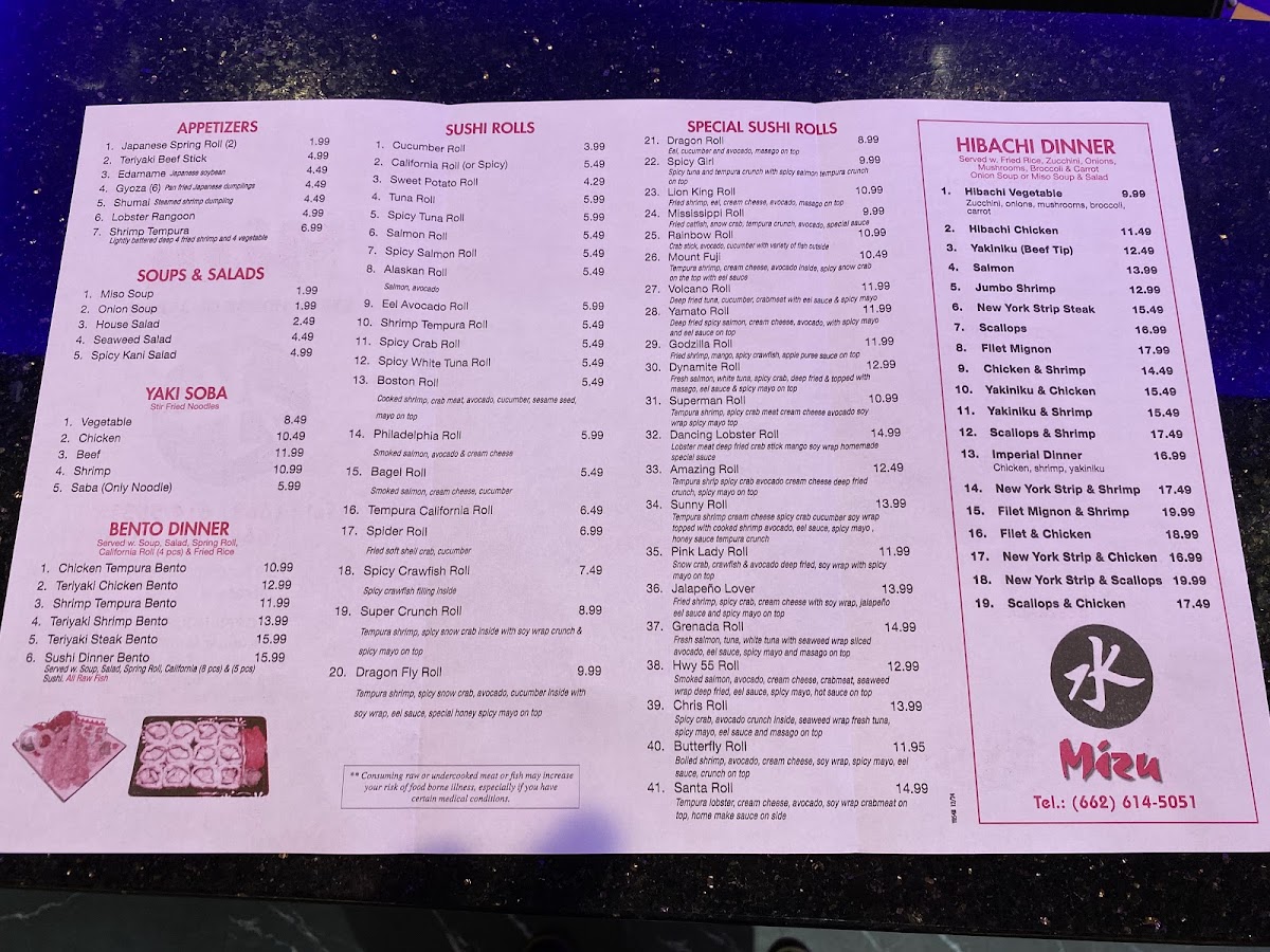 Mizu | Japanese Steakhouse menu board