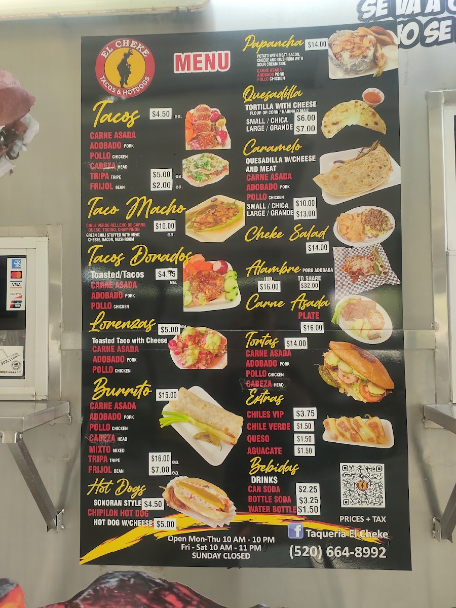 Taquería el Cheke menu board